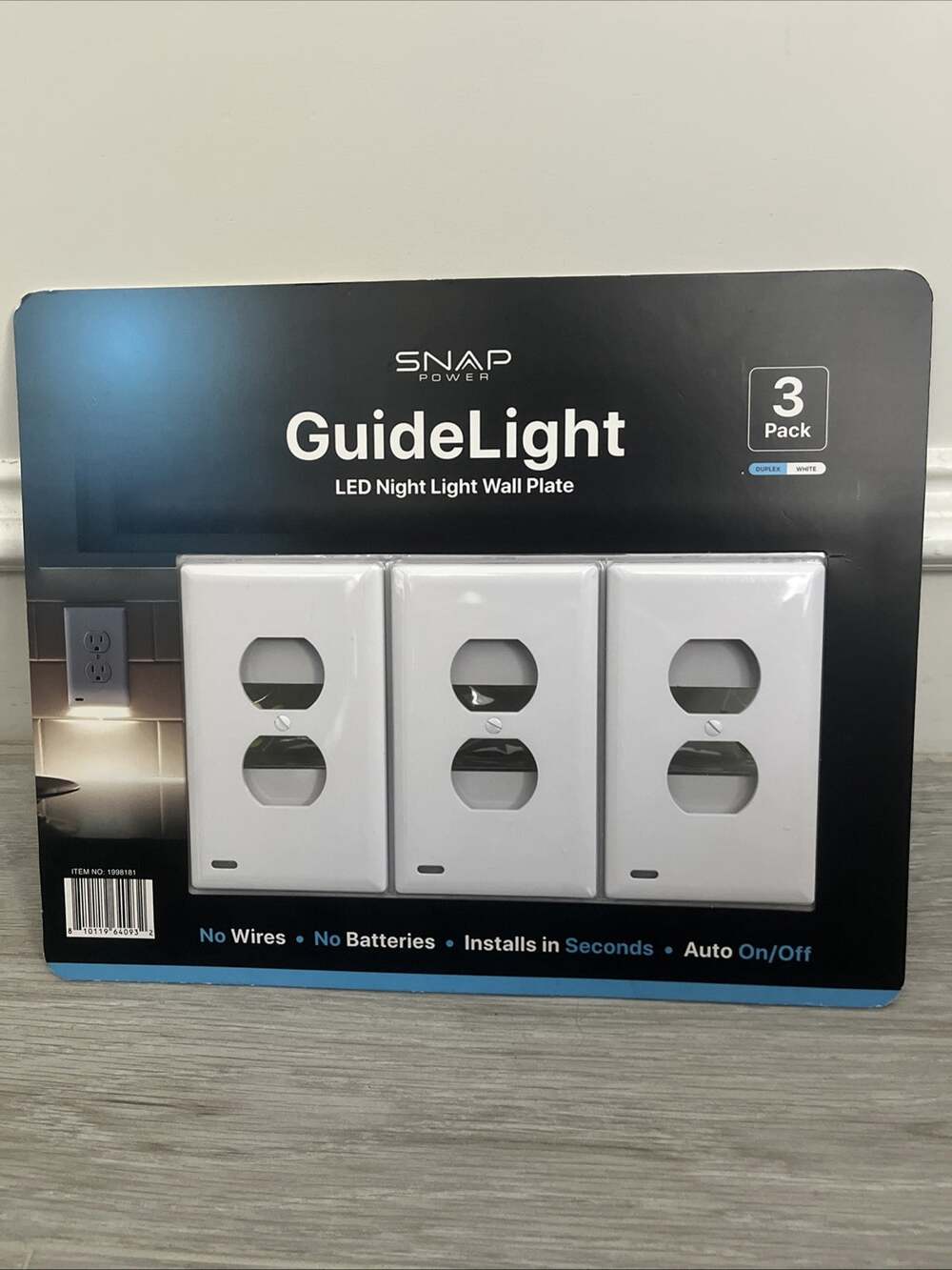 SnapPower GuideLight LED Night Lights Wall Plate 3 Pack Duplex No Wire *New*